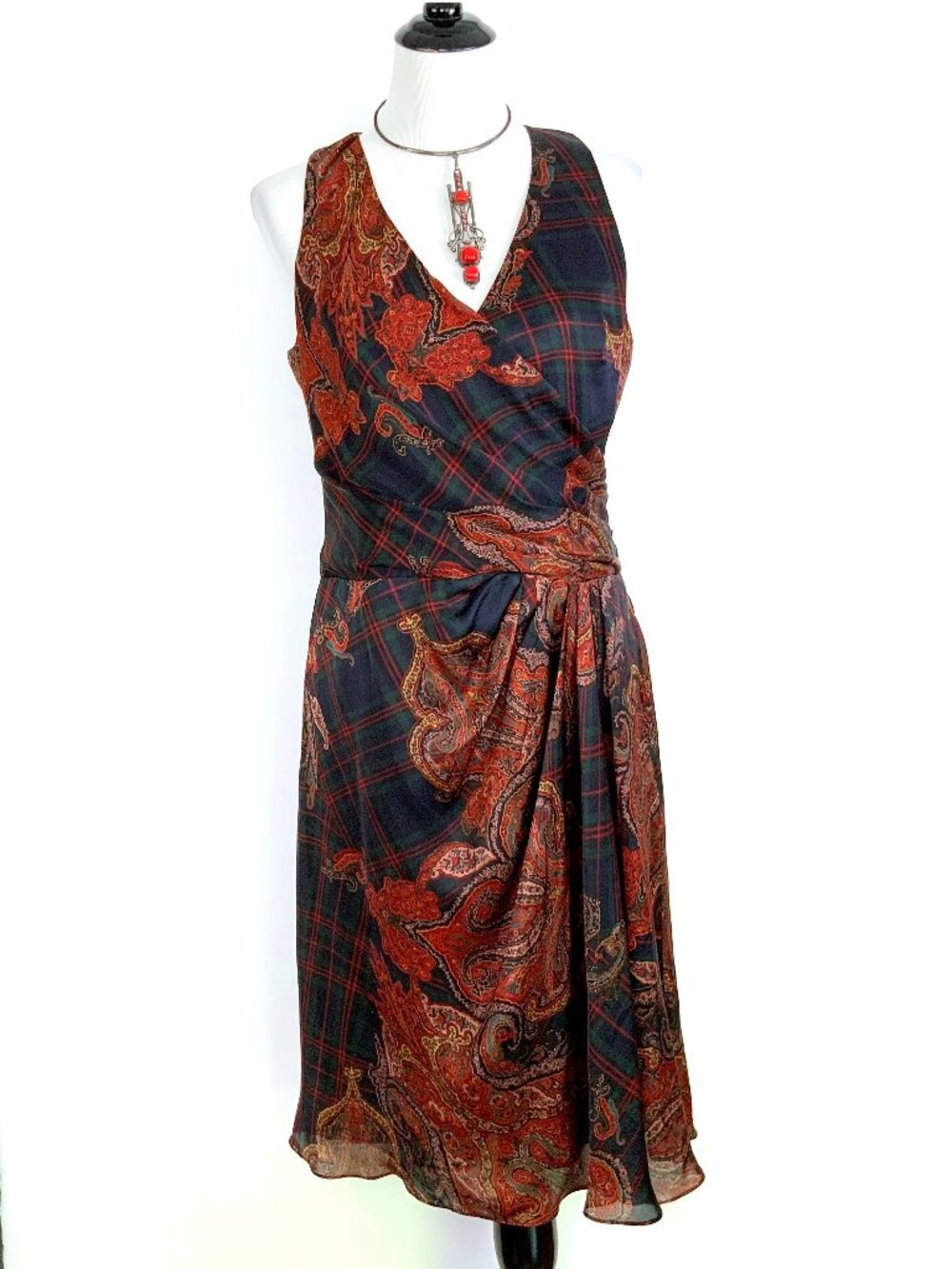 LAUREN Ralph Lauren  Silk Paisley and Plaid Faux Wrap Dress Size 10